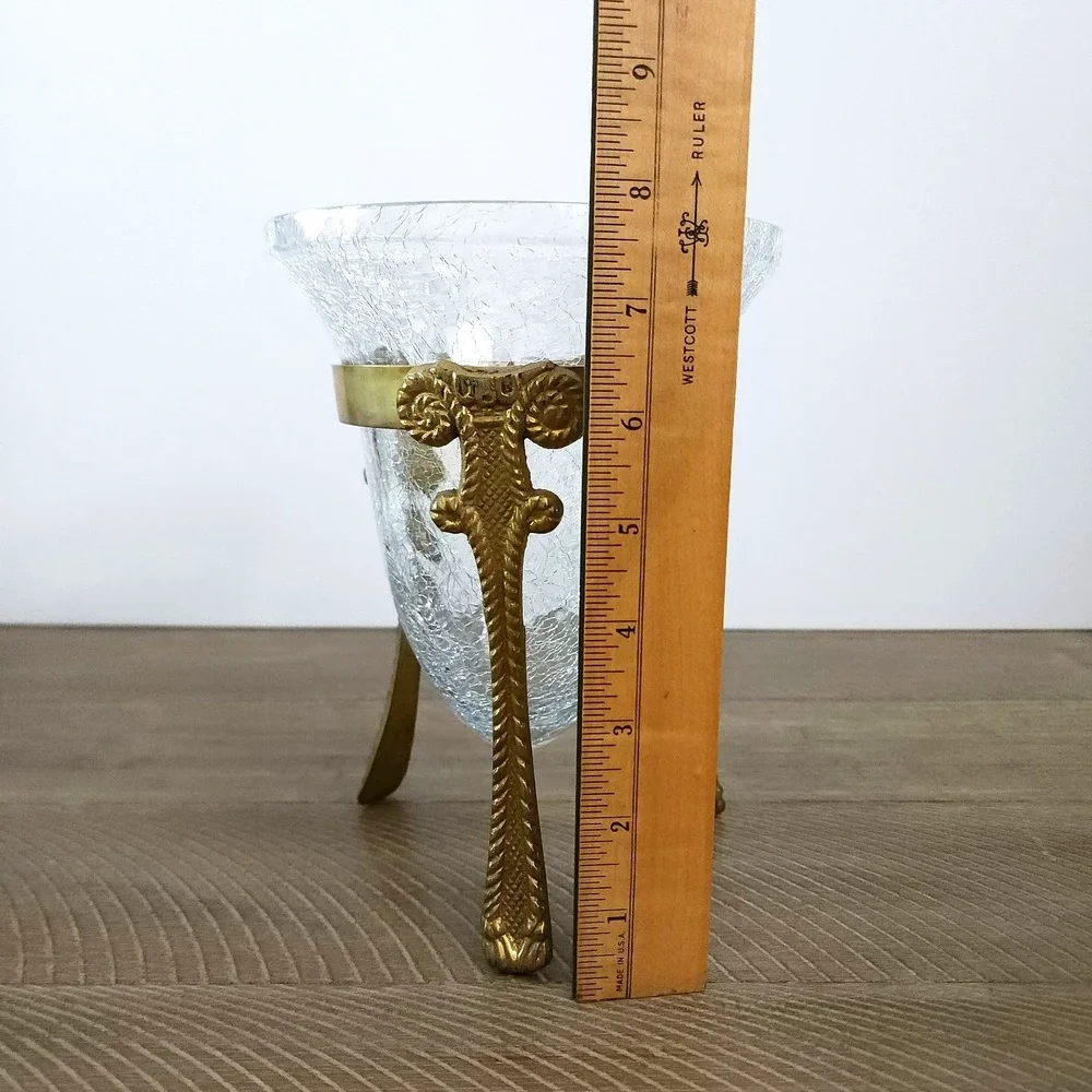 Vintage Crackled Glass Bowl with Decorative Brass‎ Stand